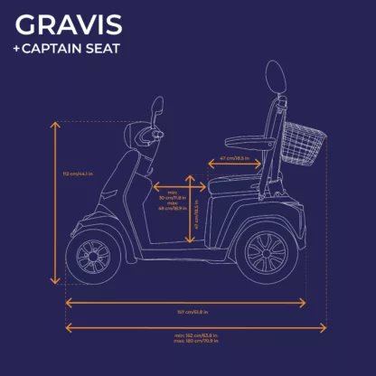 Veleco GRAVIS mobility scooter with captain seat left side technical diagram