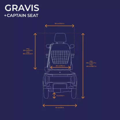 Veleco GRAVIS mobility scooter with captain seat back technical diagram