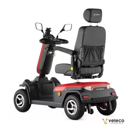 Veleco SHARPY red mobility scooter with swivel high-back captain left-back side